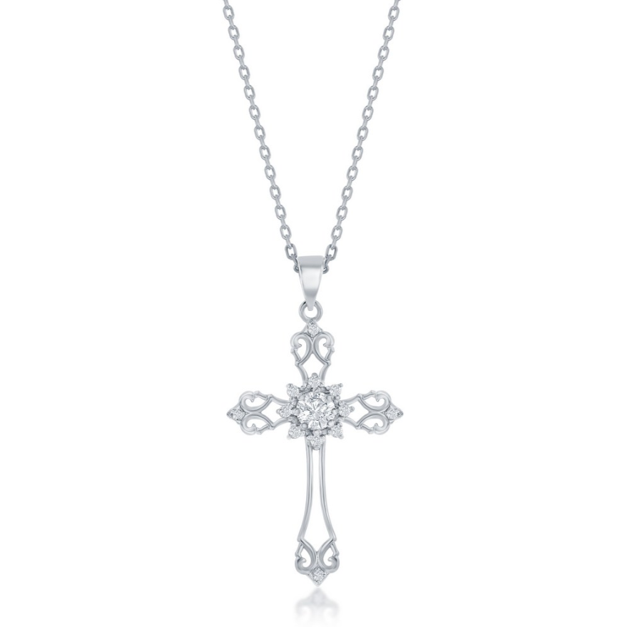 The Classic of New York Sterling Silver & CZ Filigree Cross Necklace features ornate details and a cluster of sparkling cubic zirconia at the center, displayed on a delicate chain against a white background.