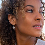 A curly-haired individual gazes sideways, wearing a white top and Shanores Swarovski Crystals Turtle & Baby Dangle Earrings from their Ocean Jewelry line. The softly blurred background accentuates their serene expression.