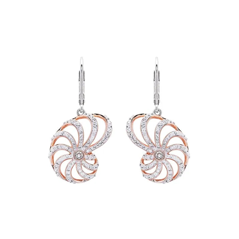 Shanores Swarovski Crystals Nautilus Shell Earrings from the Ocean Jewelry collection feature a spiral design with rose gold and sterling silver accents, lever-back closures, and sparkling Swarovski crystals.