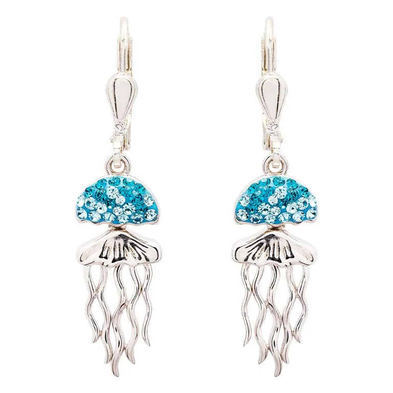 The Shanore Swarovski Crystals Aqua Jellyfish Earrings boast sterling silver tentacles, turquoise gemstone-encrusted tops, and a shimmering metallic finish. Secure lever-back closures make these exquisite earrings an ocean jewelry masterpiece.