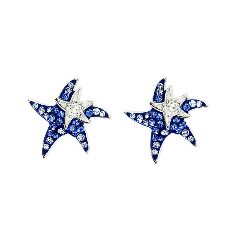 Shanores Ocean Jewelry features the Swarovski Crystals Blue Sapphire Starfish and Baby Stud Earrings, adorned with sapphire crystals and clear gems in a silver central star accent.