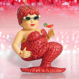 Add flair to your holiday decor with the December Diamonds whimsical Strawberry Margarita Ornament. This enchanting figure in a sparkly red outfit, adorned with sunglasses and red lipstick, holds a cocktail with lime against a blurred pink and white gradient backdrop.