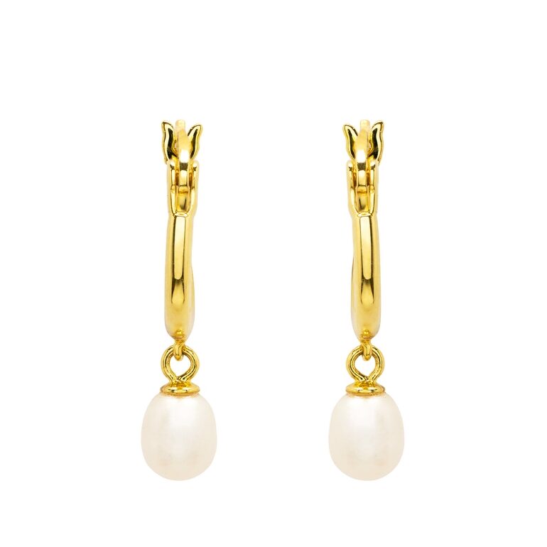 Shanores Gold Vermeil Pearl Hoop Earrings from the Ocean Jewelry collection showcase exquisite freshwater pearls elegantly hanging from hoops on a white background.