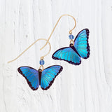 The Blue Bella Butterfly Earrings by Holly Yashi feature vibrant blue wings with black edges, suspended from gold hooks. Each handcrafted piece includes a small blue bead near the hook and is made of lightweight niobium against a textured white surface.