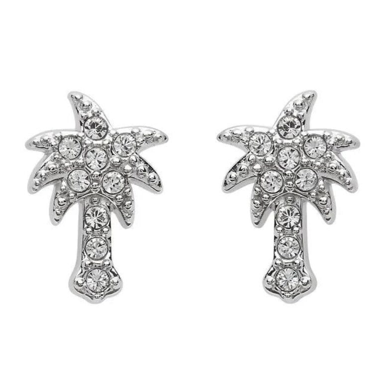 Shanores Swarovski Crystals White Palm Tree Stud Earrings from Ocean Jewelry feature sterling silver palm tree studs adorned with sparkling clear gemstones, resembling stylish miniature palm trees.