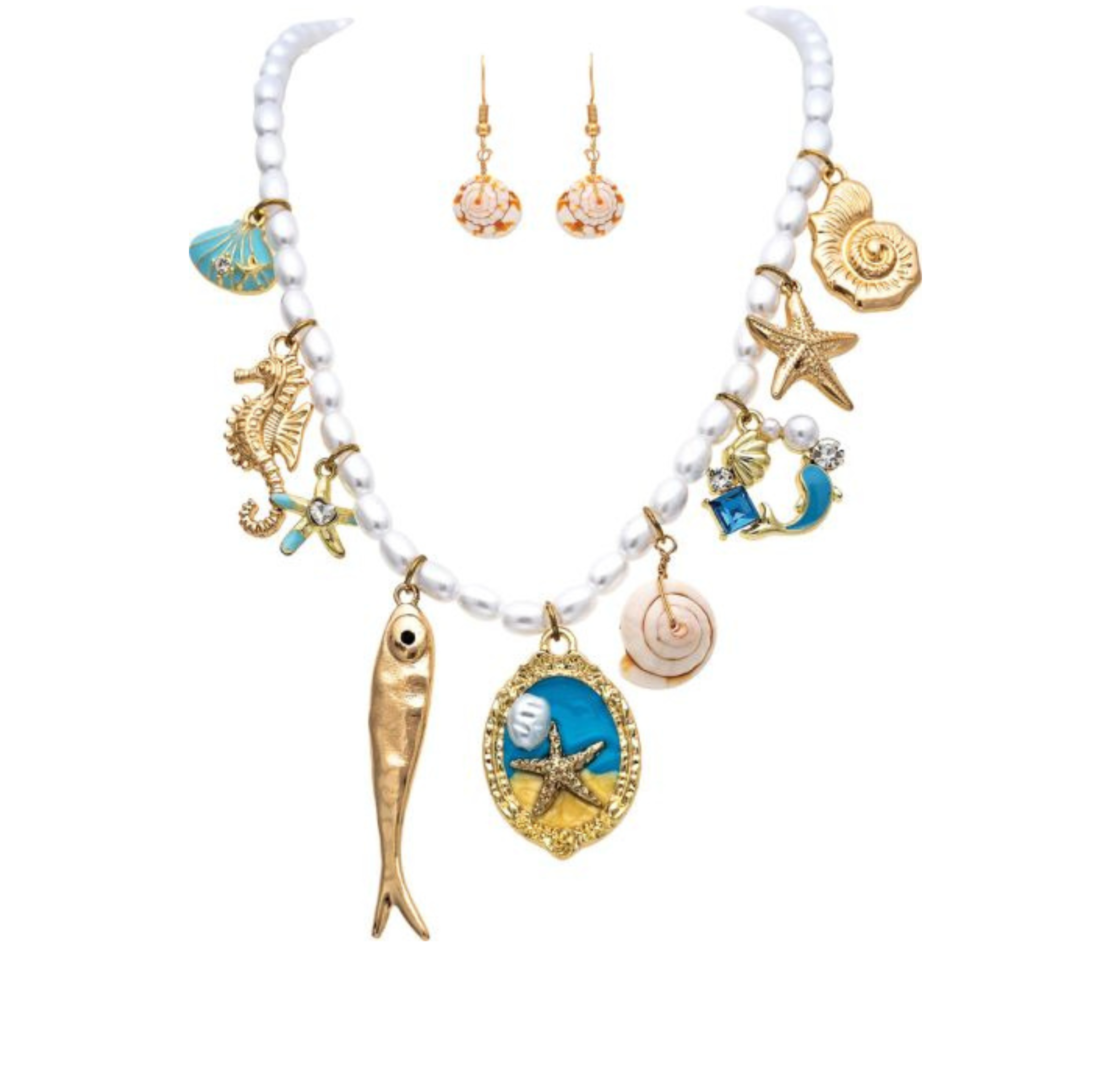 Gold Faux Pearl Seaside Sardines Charm Necklace Set – Benet Store