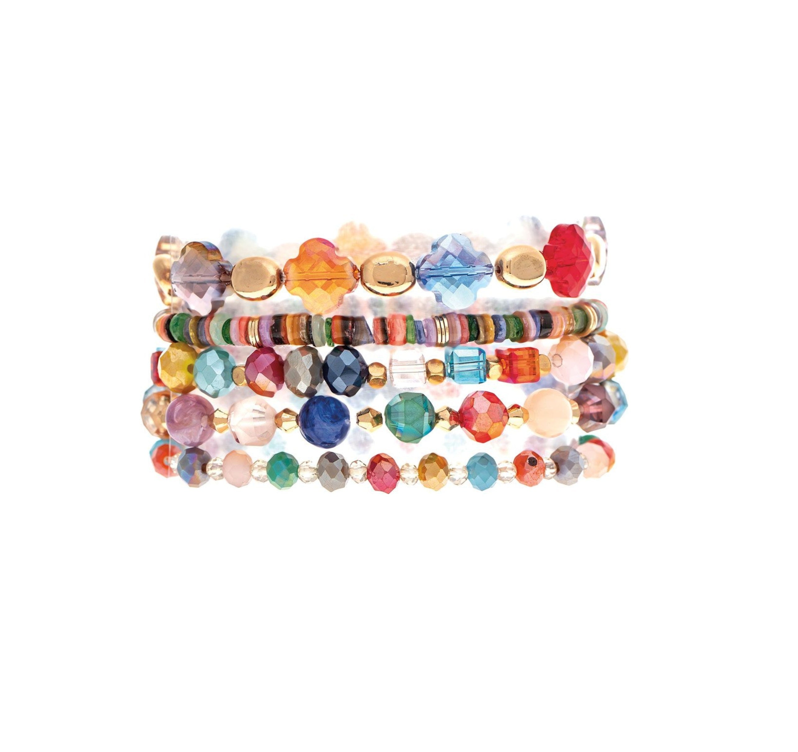 A-Trains Gold Multi-Color Mix Stone & Glass Bead Bracelet is a vibrant accessory featuring assorted shapes and sizes, showcased against a white background.
