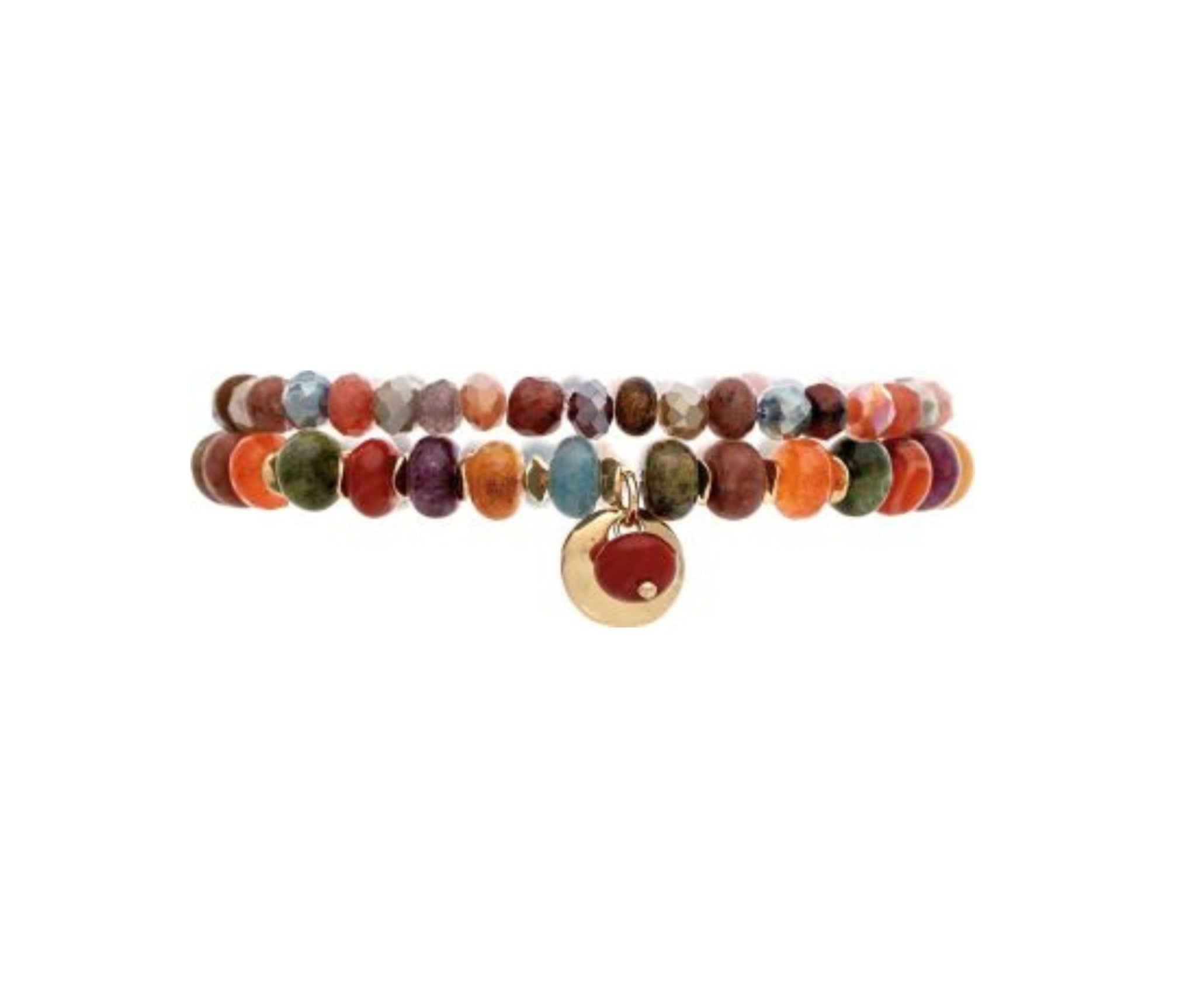 The A-Train Gold Pink Color Treated Jade Bead 2 Pc Set Bracelet features faceted multicolored beads and a gold-toned round charm with a red accent, perfect for pairing for a chic, coordinated look.