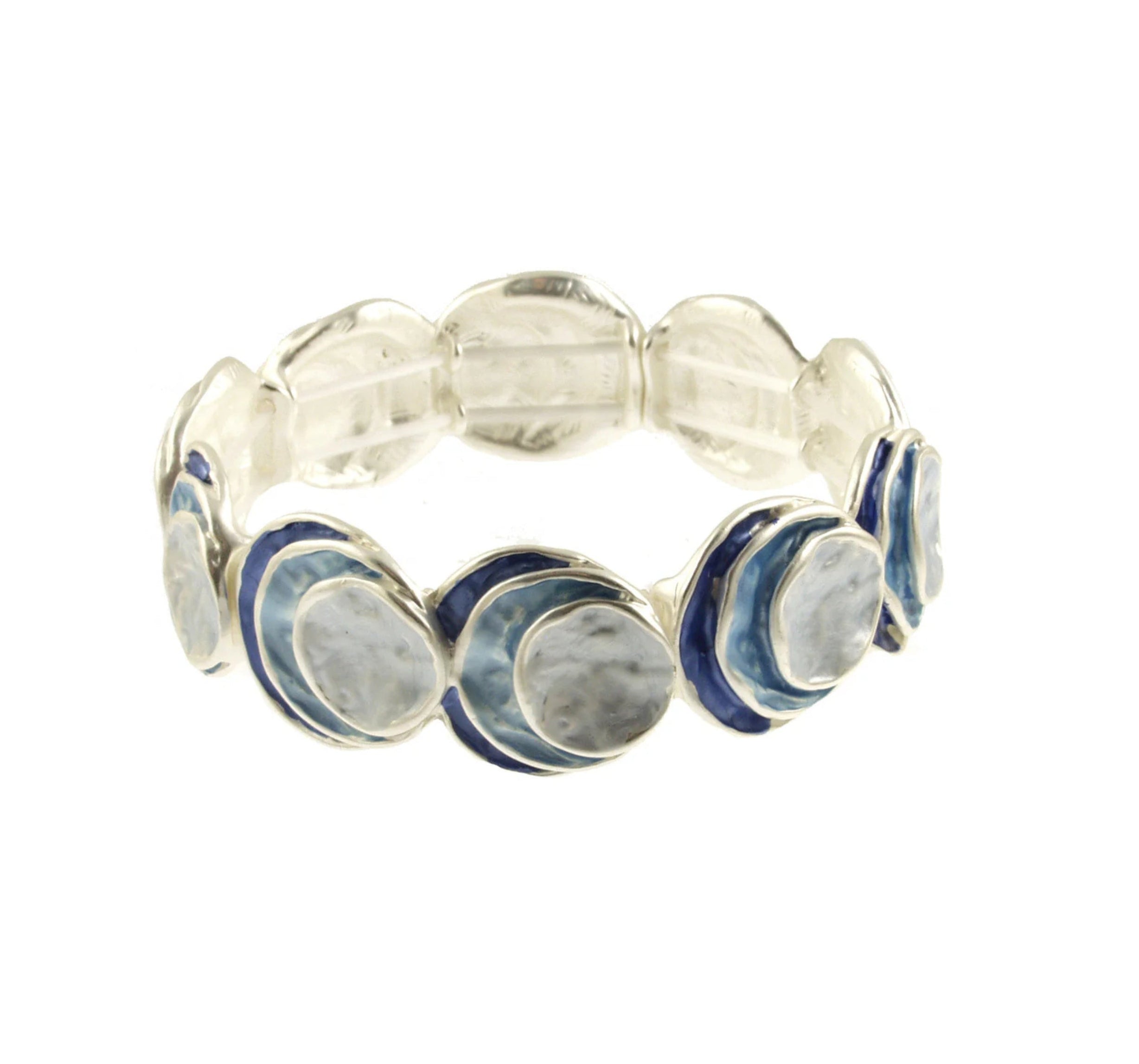 The Origin Silver Layered Blue Circle Bracelet showcases round, layered blue and white discs in a handcrafted, organic design. This versatile jewelry piece suits any occasion with its elegant, repeating pattern.