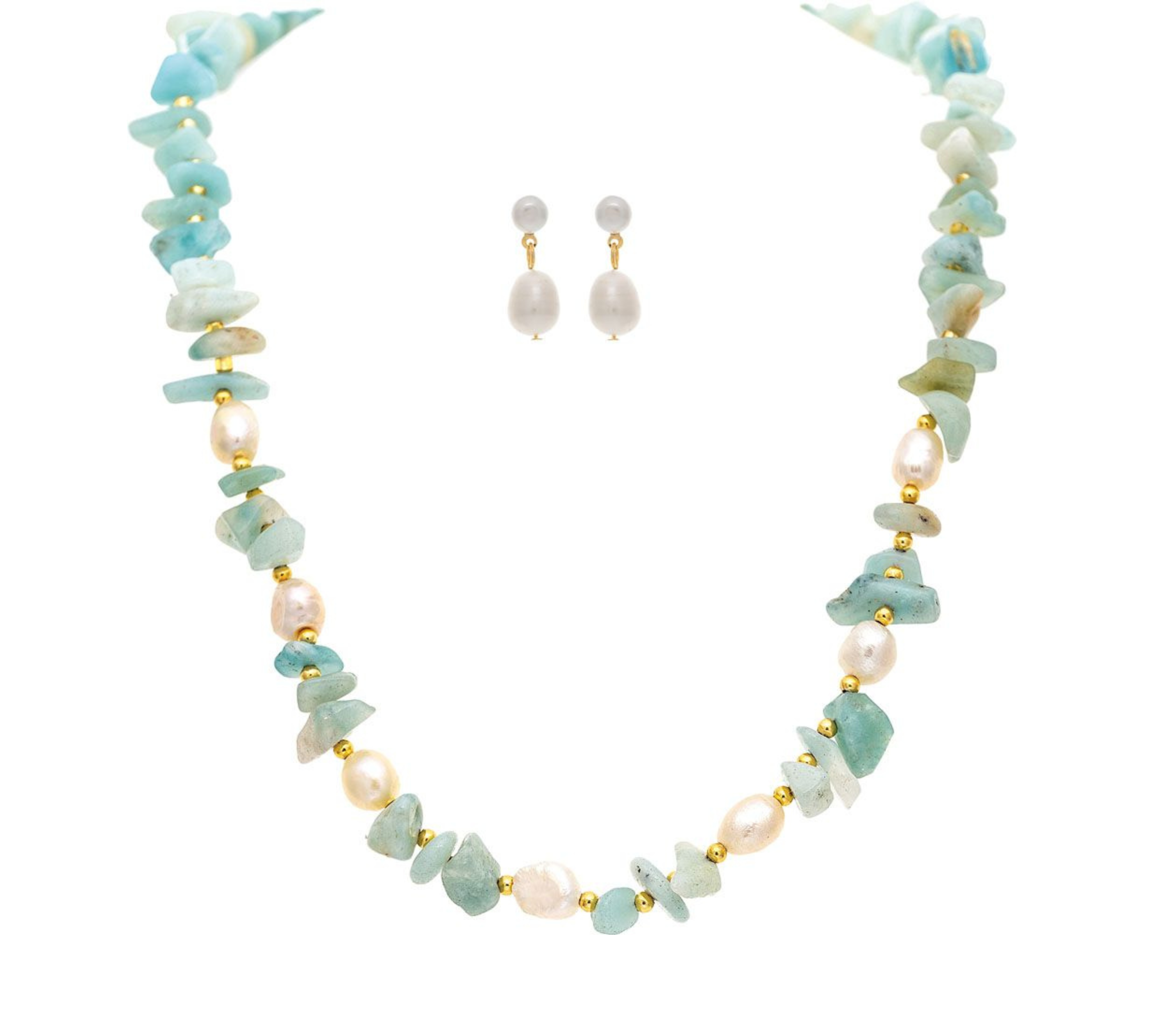 The A-Train Gold & White Freshwater Pearl Amazonite Beads Necklace Set features gold accents and matching pearl drop earrings, creating a stunning jewelry set displayed on a white background.