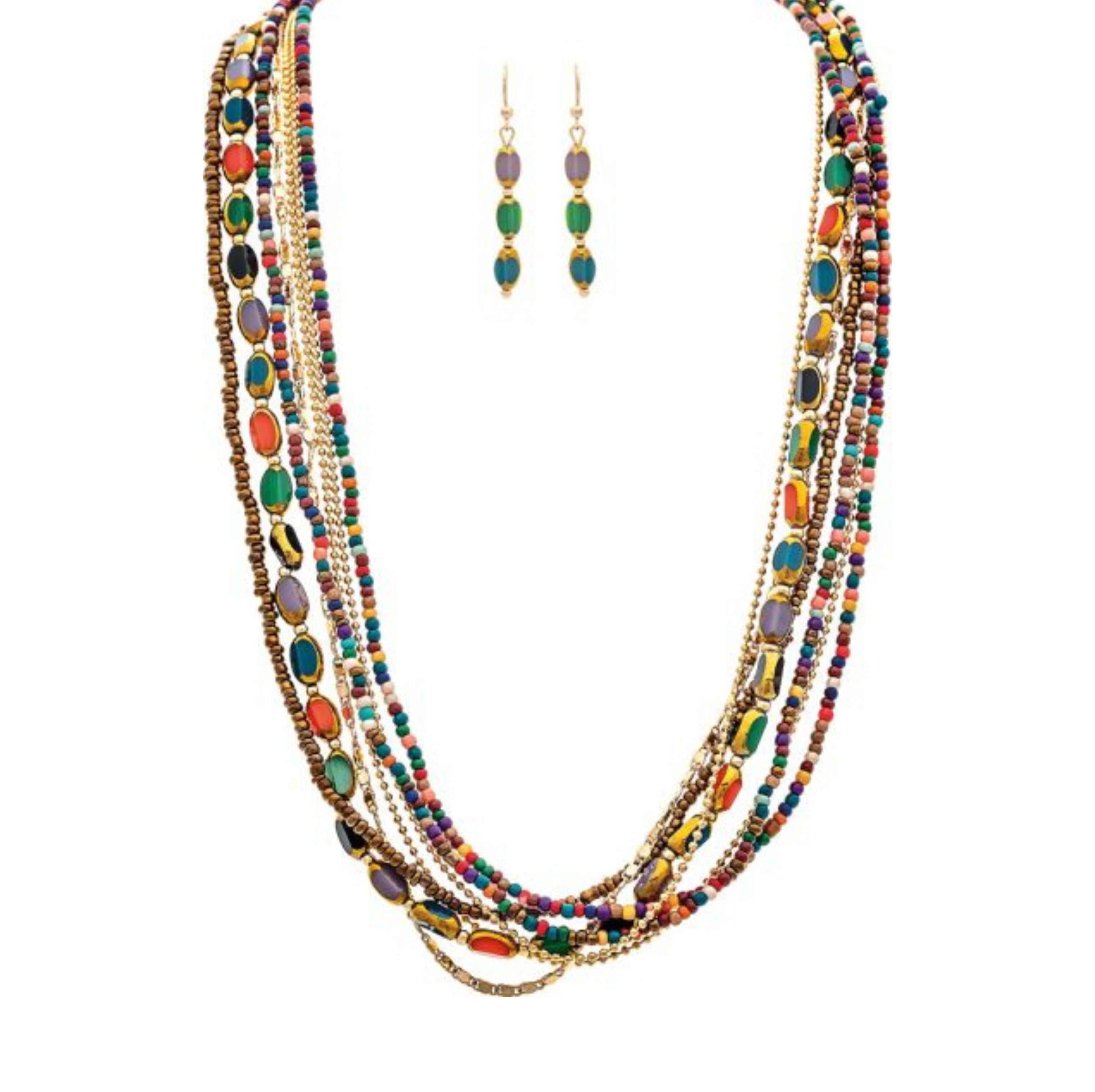 The A-Train Gold Dark Multicolor Beaded Rows Layer Necklace Set features a vibrant gold necklace with layered red, green, purple, and blue beads plus matching dangling earrings for a colorful statement.