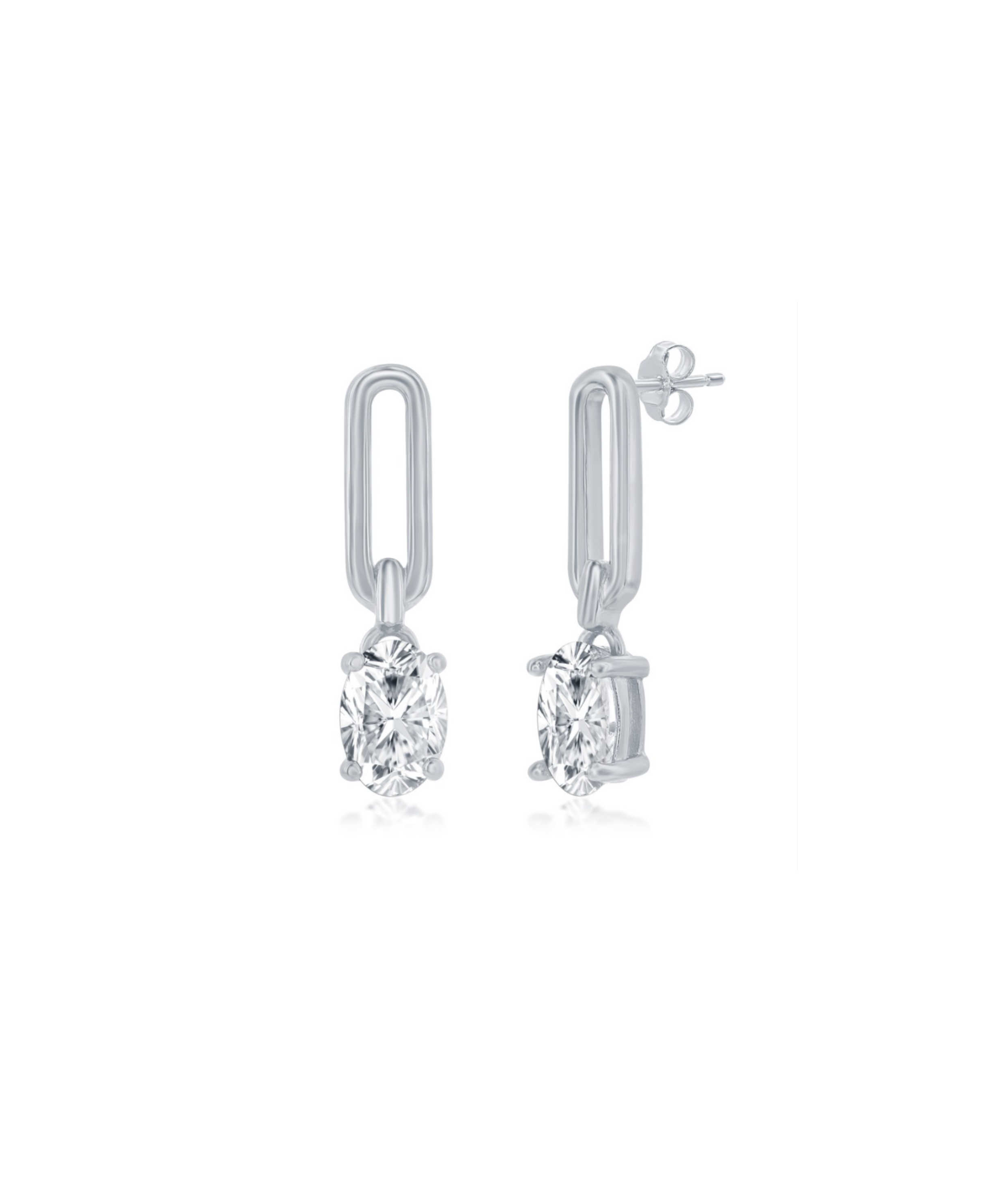 Classic of New York Sterling Silver Paperclip w/Oval CZ Dangle Earrings feature oval clear CZ gemstones in four-prong settings, suspended from rectangular silver links with rhodium plating for added shine. Shown on a white background.