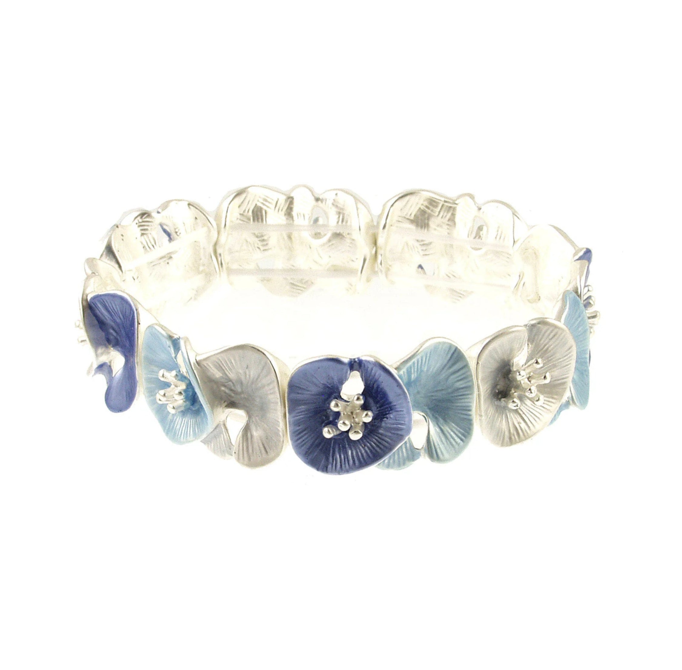 The Origin Matte Silver & Blue Lily Pad Bracelet features blue and light blue enamel flower charms with detailed petals and stamens, arranged around a matte silver band for versatile style.
