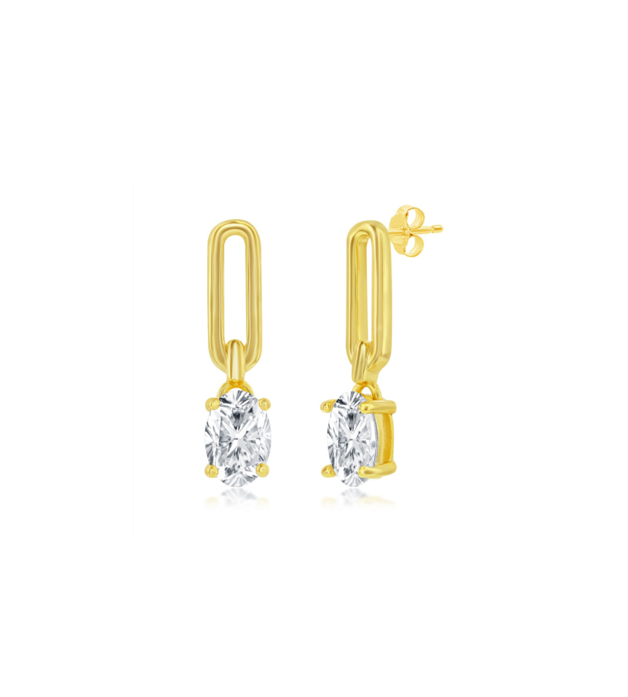 Classic of New York Gold Plated Paperclip w/Oval CZ Dangle Earrings feature a modern rectangular link design in 925 sterling silver, each with an oval clear cubic zirconia that hangs beautifully. Shown on a plain white background.