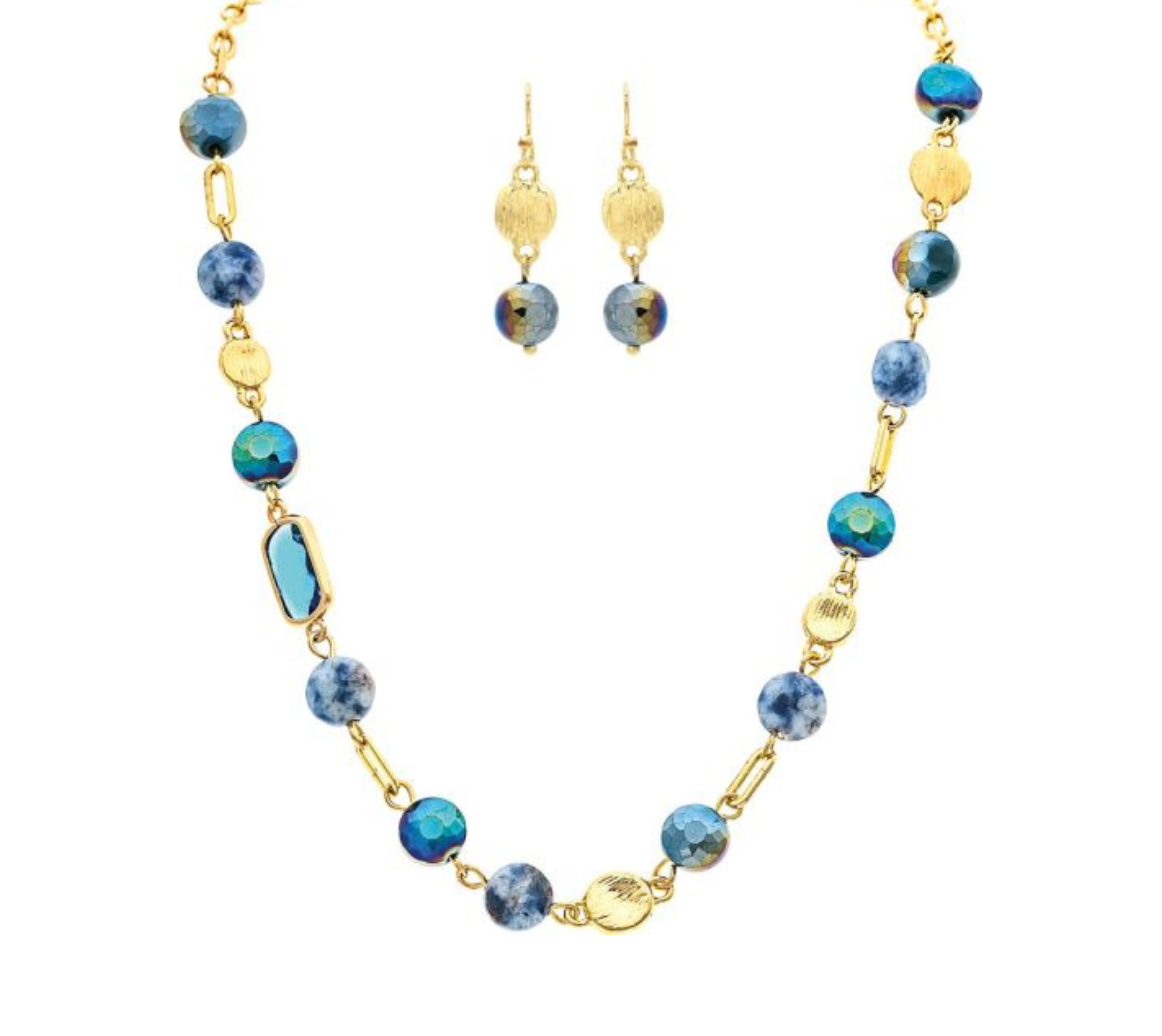 The A-Train Gold Blue Glass & Stone Bead Mix Link Necklace Set includes a necklace and matching drop earrings with blue beads and textured gold links, all elegantly displayed on a white background.