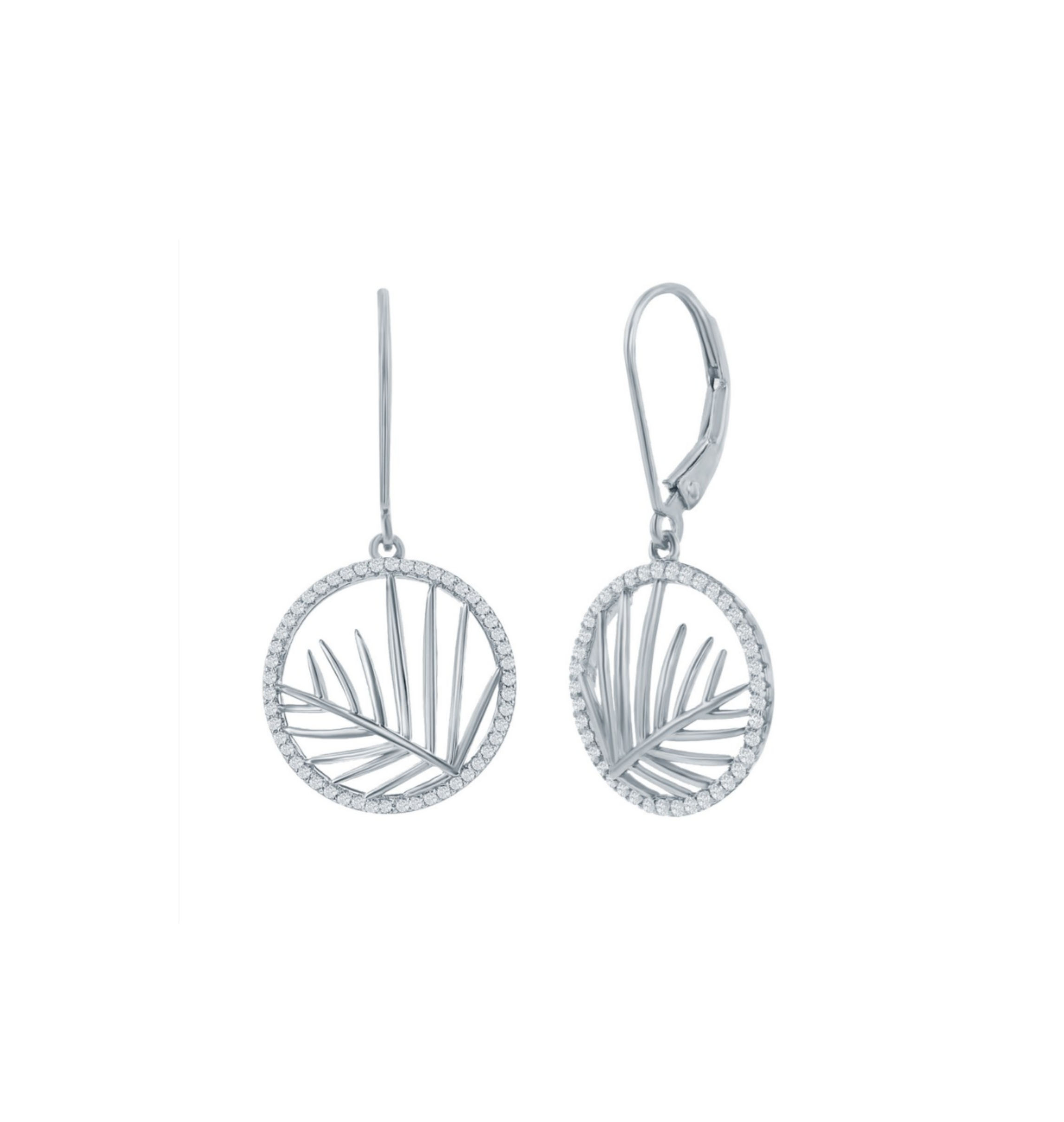 Classic of New York Sterling Silver Round CZ Outline w/Leaf Cut Out Center Dangle Earrings feature open circular pendants with a palm leaf design and sparkling CZ accents along the edges.