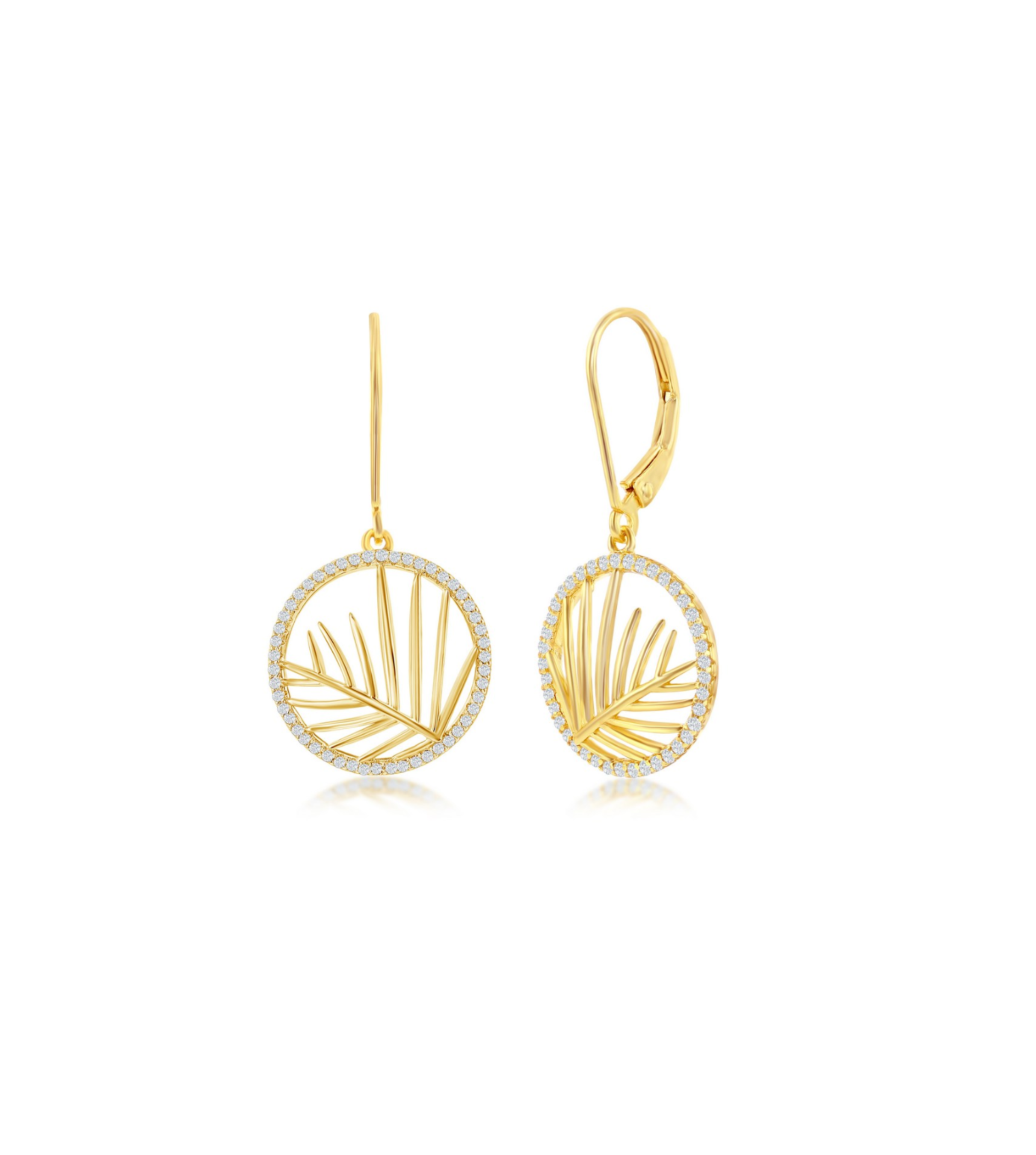 Classic of New York Gold plated Round CZ Outline w/Leaf Cut Out Center Dangle Earrings in sterling silver feature lever-back hooks and a palm leaf-inspired circular design that shimmer beautifully.