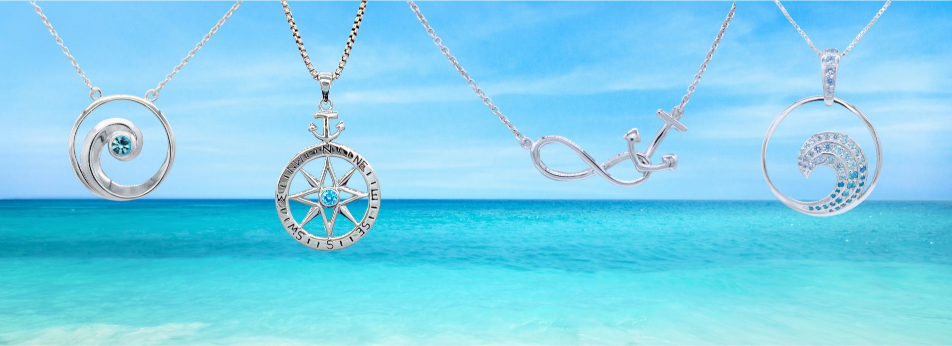Four necklaces with ocean-themed pendants—a flip-flop, a jellyfish, a stingray, and a flamingo—hang against a bright blue sky and turquoise sea background.