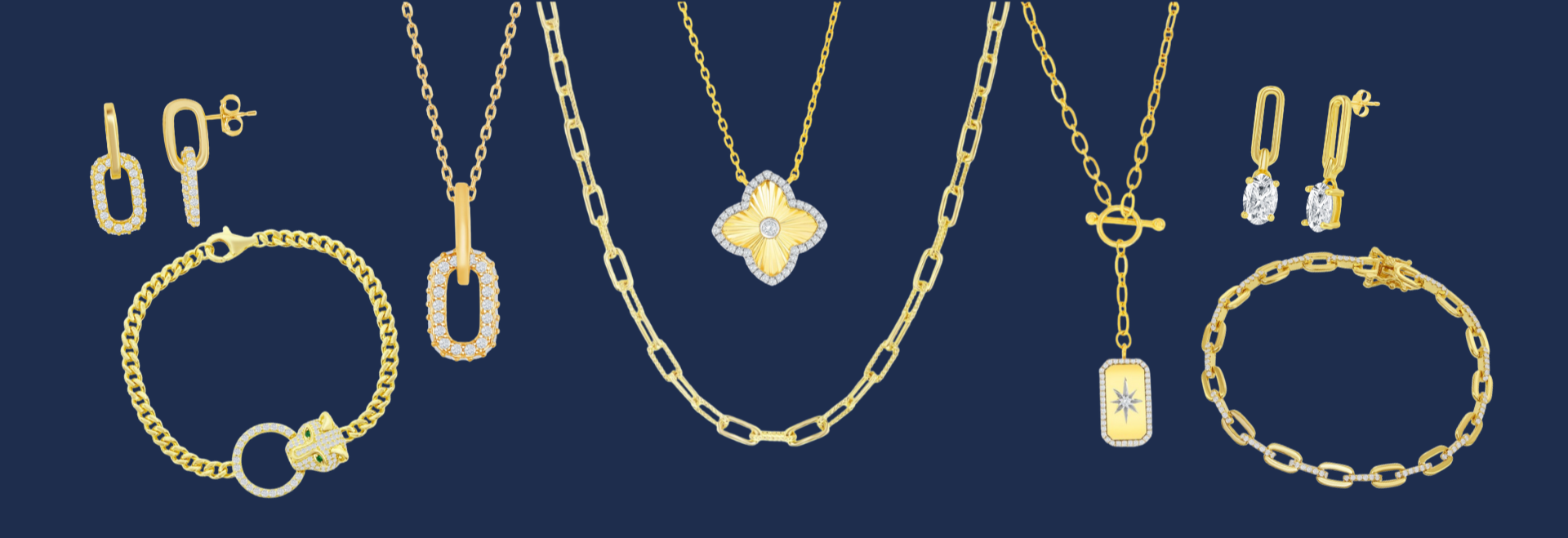 Five gold and silver necklaces are displayed, each with a unique pendant: an oval, a leaf, a shell, a cross, and a butterfly, all adorned with sparkling stones on light background.