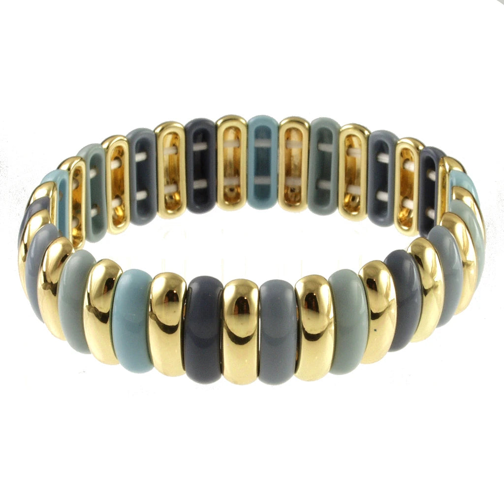Origin Lavender/Warm Gold Combination Stretch Bracelet featuring alternating gold-tone metal and smooth lavender and grey beads.