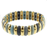 Origin Lavender/Warm Gold Combination Stretch Bracelet featuring alternating gold-tone metal and smooth lavender and grey beads.