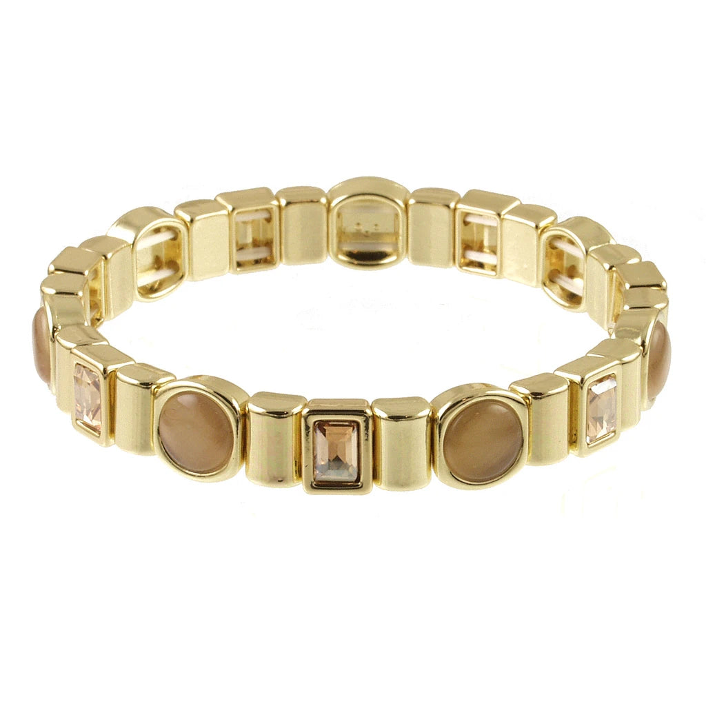 Origin Warm Gold/Fawn Circles stretch bracelet in gold-tone, featuring alternating round fawn-colored stones and rectangular light brown crystals, perfect for everyday wear.