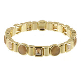 Origin Warm Gold/Fawn Circles stretch bracelet in gold-tone, featuring alternating round fawn-colored stones and rectangular light brown crystals, perfect for everyday wear.