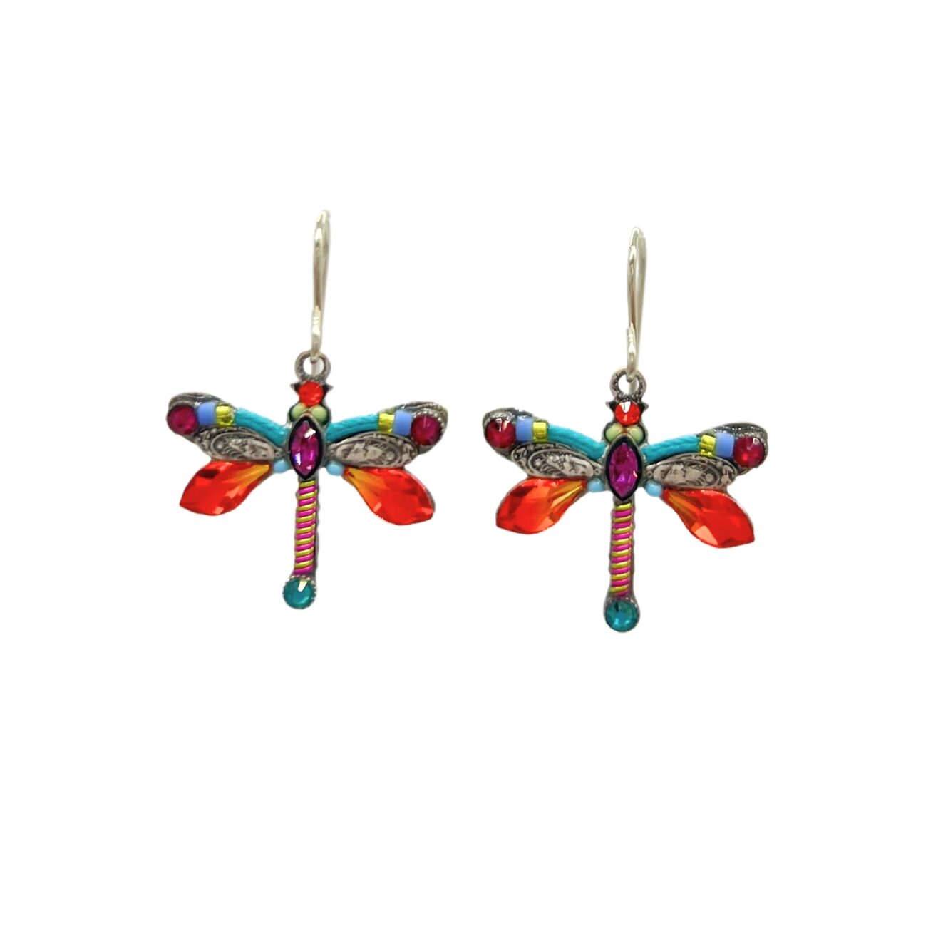 Fireflys Large Dragonfly Multi-Color Earrings feature vibrant red, orange, and blue wings with purple gem accents. Handmade and fair-trade, these stunning pieces ensure comfort with silver hooks and embody the artistry of small artistic dragonflies.