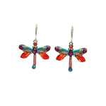 Fireflys Large Dragonfly Multi-Color Earrings feature vibrant red, orange, and blue wings with purple gem accents. Handmade and fair-trade, these stunning pieces ensure comfort with silver hooks and embody the artistry of small artistic dragonflies.