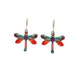 Fireflys Large Dragonfly Multi-Color Earrings feature vibrant red, orange, and blue wings with purple gem accents. Handmade and fair-trade, these stunning pieces ensure comfort with silver hooks and embody the artistry of small artistic dragonflies.