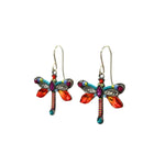Firefly Jewelrys Large Dragonfly Multi-Color Earrings, featuring vibrant beads and gemstones on silver hooks against a white background, are perfect for handmade jewelry enthusiasts. Each piece showcases the artistry and craftsmanship of fair-trade practices.