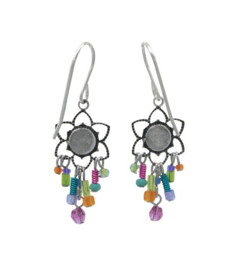 Fireflys Light Medium Flower Multi-Color Earrings feature handmade silver flower shapes with circular centers. Each petal has a dangling thread adorned with colorful beads in purple, green, blue, orange, and pink. Crafted using fair-trade practices for ethically stylish wear from Firefly Jewelry.