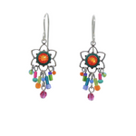 Fireflys Light Medium Flower Multi-Color Earrings feature hypo-allergenic, orange gemstone centers in flower-shaped settings. They are adorned with dangling beads in pink, blue, green, and purple. Expertly handmade and fair-trade, these earrings make a guilt-free style statement.