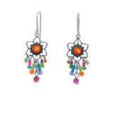 Fireflys Light Medium Flower Multi-Color Earrings feature hypo-allergenic, orange gemstone centers in flower-shaped settings. They are adorned with dangling beads in pink, blue, green, and purple. Expertly handmade and fair-trade, these earrings make a guilt-free style statement.
