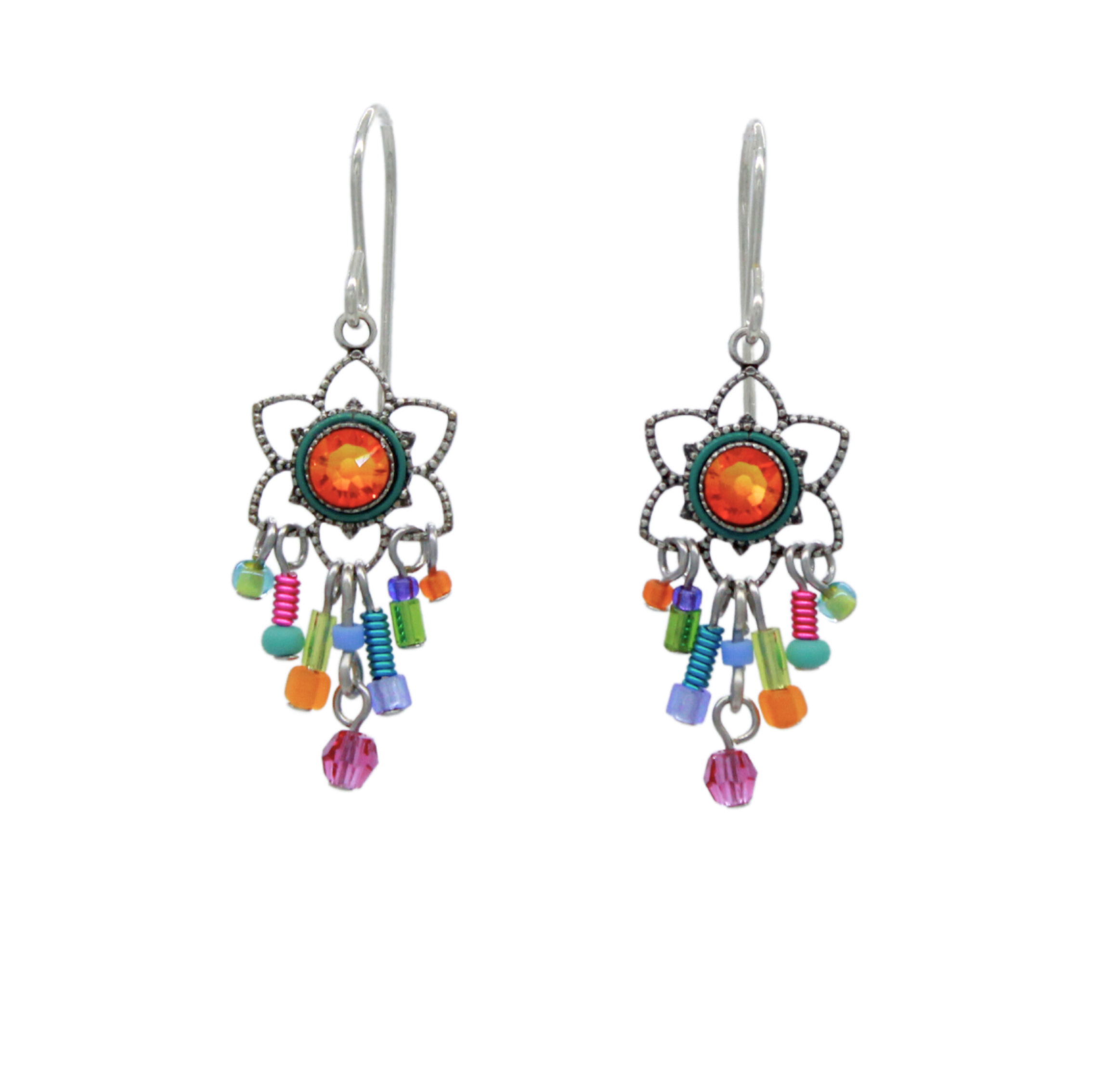 Fireflys Light Medium Flower Multi-Color Earrings feature hypo-allergenic, orange gemstone centers in flower-shaped settings. They are adorned with dangling beads in pink, blue, green, and purple. Expertly handmade and fair-trade, these earrings make a guilt-free style statement.