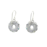Handmade in Guatemala, the Bejeweled Multi-Color Hoop Earrings by Firefly feature round, perforated pendants engraved with FIREFLY. These fair-trade earrings are attached to thin, curved hooks for wearing.
