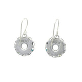 Handmade in Guatemala, the Bejeweled Multi-Color Hoop Earrings by Firefly feature round, perforated pendants engraved with FIREFLY. These fair-trade earrings are attached to thin, curved hooks for wearing.