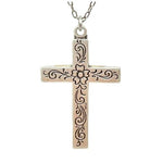 The Firefly Large Cross Multi-Color Necklace features a handmade, engraved floral pattern pendant inspired by Firefly Jewelry, displayed on a chain against a white background.
