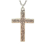 The Firefly Large Cross Multi-Color Necklace features a handmade, engraved floral pattern pendant inspired by Firefly Jewelry, displayed on a chain against a white background.