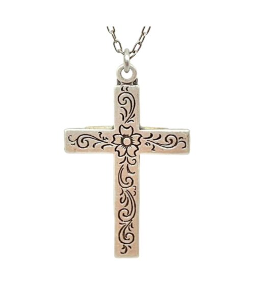 The Firefly Large Cross Multi-Color Necklace features a handmade, engraved floral pattern pendant inspired by Firefly Jewelry, displayed on a chain against a white background.