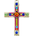 The Large Cross Multi-Color Necklace by Firefly features a gold cross pendant with vibrant blue, green, orange, yellow, and pink gemstones. Handmade in Guatemala by Firefly.