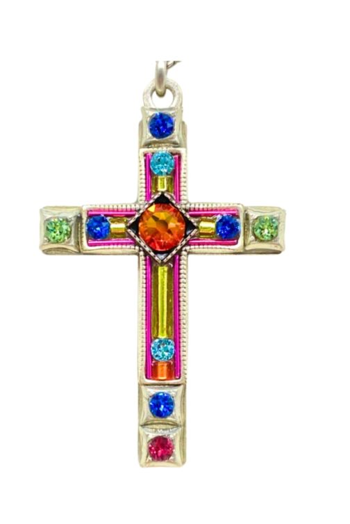 The Large Cross Multi-Color Necklace by Firefly features a gold cross pendant with vibrant blue, green, orange, yellow, and pink gemstones. Handmade in Guatemala by Firefly.