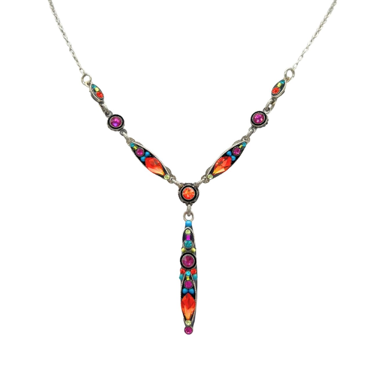Handmade in Guatemala by Firefly Jewelry, the Linear “Y” Multi-Color Necklace features vibrant red, purple, green, and orange gemstones set in silver on a delicate chain. It showcases fair-trade practices and an ornate design.