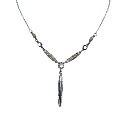 The Linear Y Multi-Color Necklace by Firefly Jewelry, handmade in Guatemala, showcases intricate leaf-shaped links with a central dangling feather pendant.