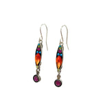Handcrafted in Guatemala, Fireflys Linear Two Tier Multi-Color Earrings boast vibrant orange, pink, blue, and green stones set in elegant silver. Embracing fair-trade practices, these earrings add an authentic artistic touch to any outfit.