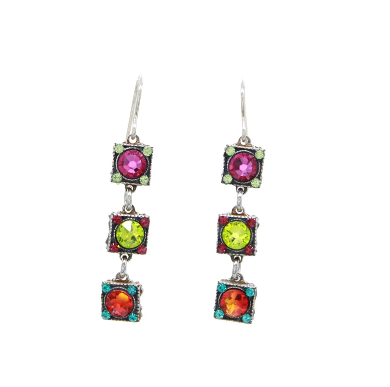 The Firefly Rainbow Square Multi-Color Earrings feature three handmade dangling square settings with pink, green, and orange gems. Surrounded by smaller stones, these fair-trade earrings create a vibrant and colorful piece of jewelry.