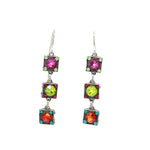 The Firefly Rainbow Square Multi-Color Earrings feature three handmade dangling square settings with pink, green, and orange gems. Surrounded by smaller stones, these fair-trade earrings create a vibrant and colorful piece of jewelry.