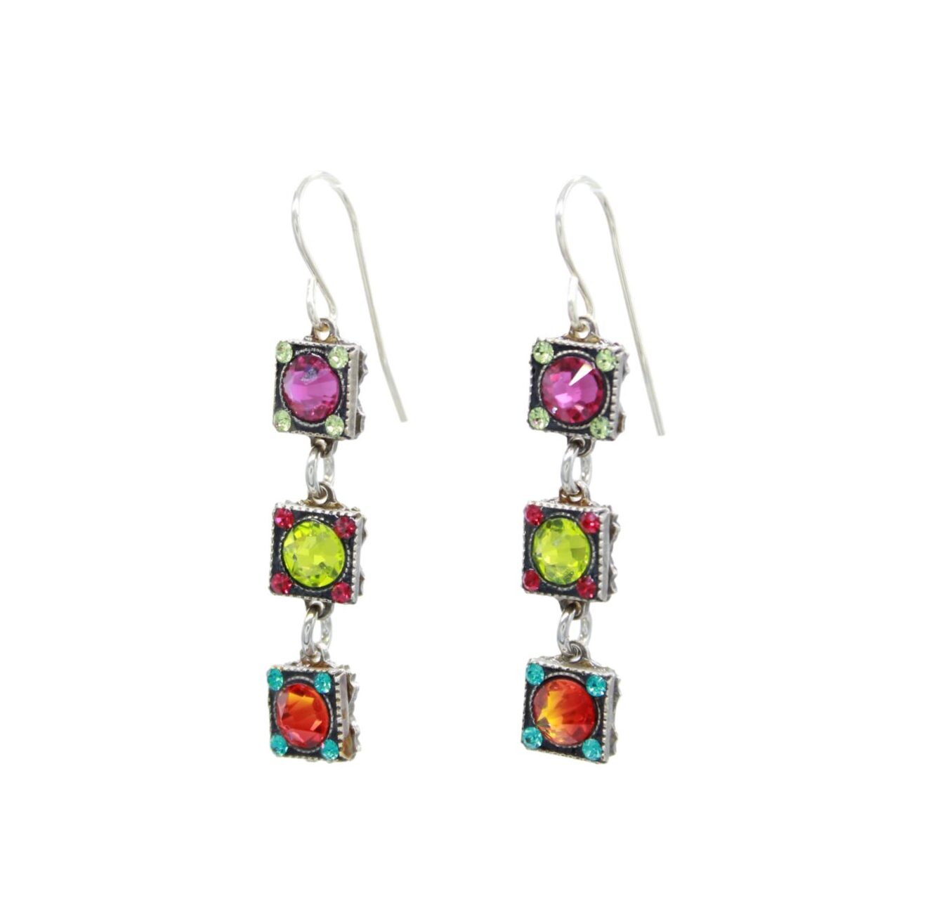 Introducing the Rainbow Square Multi-Color Earrings by Firefly Jewelry: these dangle beauties feature three square segments with vibrant pink, green, and orange gemstones set in silver-tone metal. These fair-trade treasures embody handcrafted ethical elegance with delicate colored accents.