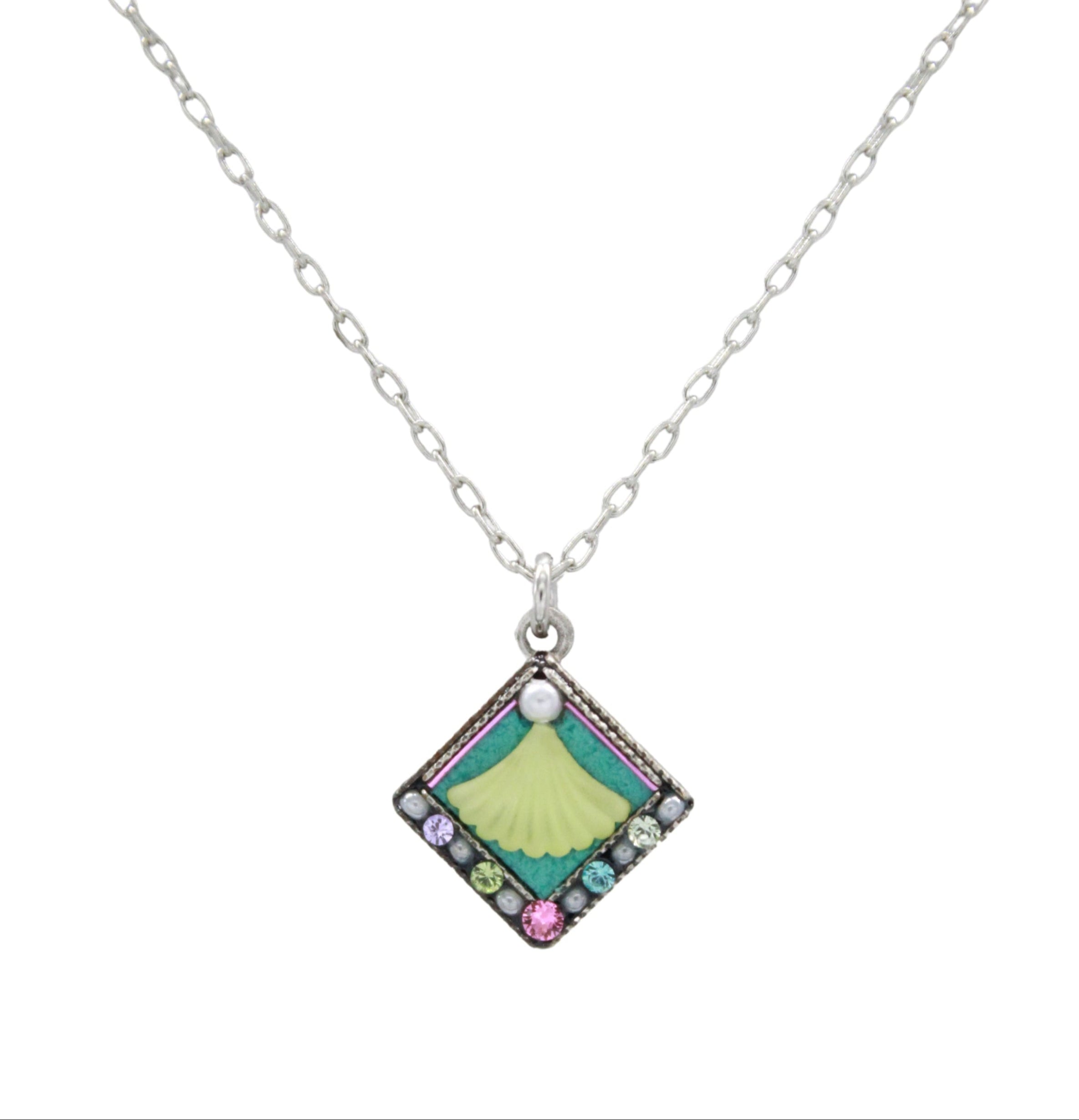 The Firefly Beach Glass Diamond Soft Necklace features a silver chain with a diamond-shaped pendant adorned in colorful enamel—green, yellow, blue, pink, purple—beach glass hues, and small round gemstones along the edges.