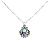 The Firefly Beach Pearl Shell Soft Necklace by Firefly features a scallop shell pendant with colorful gemstones and a central white stone, handmade in Guatemala and showcased on a white background.